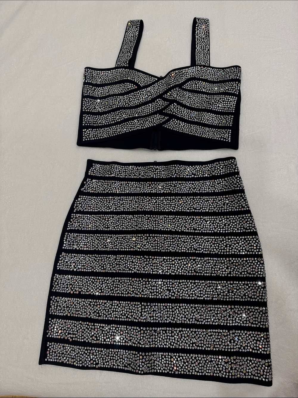Black Two-Piece Rhinestone Crop Top & Skirt Set